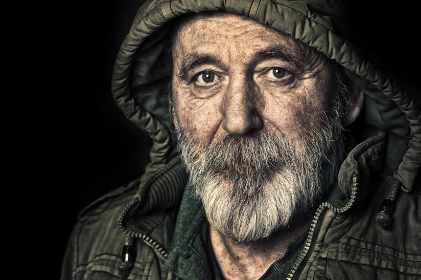 Very old homeless senior man portrait