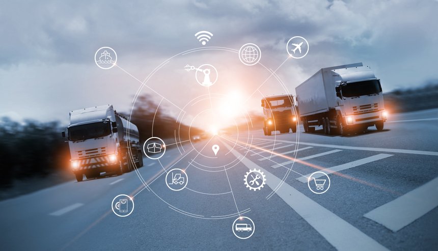 Transportation and Logistics, Truck on motorway and industrial container cargo with icon of network distribution on blue background.