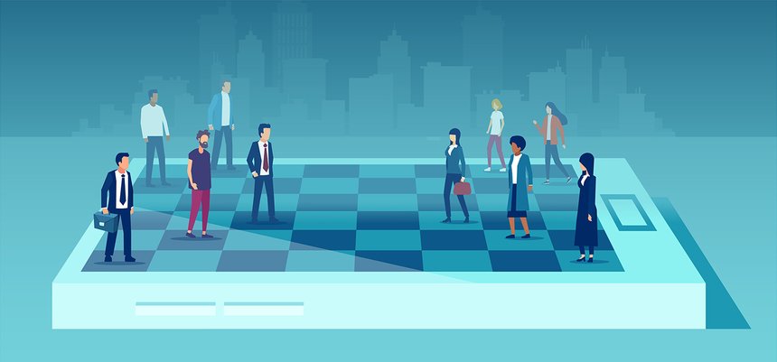 Businesswomen competing against business men