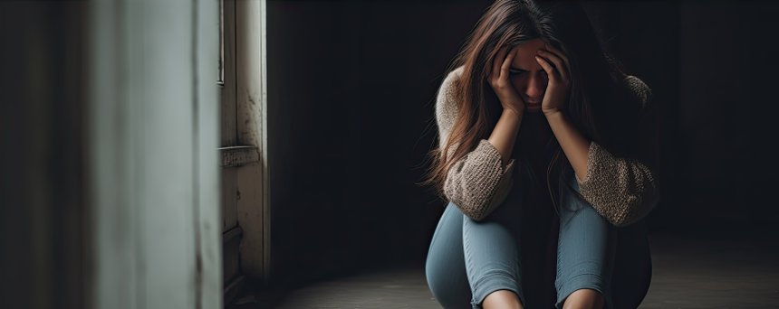 Very sad woman sitting on the floor with hands on her face. Girl crying