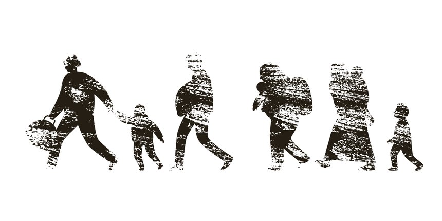 silhouettes of fleeing people. Black and white textured vector illustration