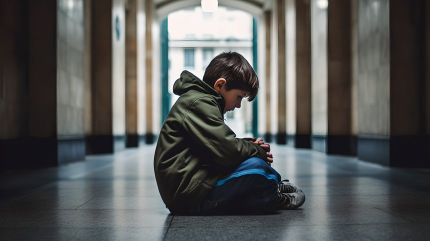 A depressed young boy suffering from depression sitting alone in the hall feeling loneliness. Upset bullied teen boy suffering sitting in corridor, Social problems, children's rights