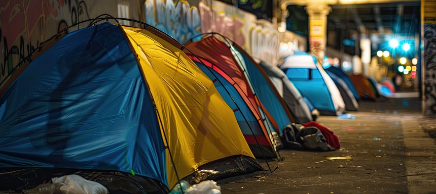 City homeless tents, poor people