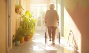 Elderly Woman Walking Down a Sunlit Hallway with Potted Plants