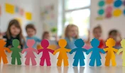 Rainbow colored paper human figures holding their hands on kindergarten or school background. Diversity and inclusion concept.