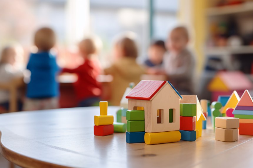 Building bricks toys and blurry playing children in background in children day care center, kindergarten or preschool