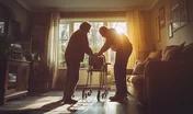 Caregiver Assisting Elderly Man with Walker at Home