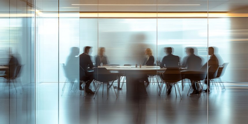 Corporate meeting room with a round table, blurred figures of business professionals engaged in discussion, contemporary interior design
