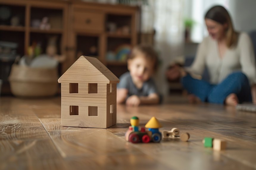 Wooden house model on the floor, a family playing with toys in a blurred living room background.