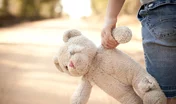 Little Girl with Ragged Teddybear and Suitcase - Poverty, Homelessness, Runaway Child
