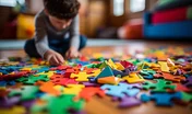 child on the floor collects colorful puzzles autism spectrum disorder generative ai