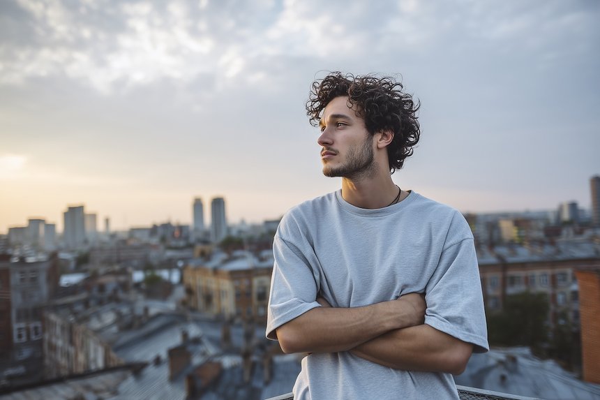 young migrant man standing on a rooftop in a new city, looking over the skyline