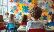 Children are sitting at their desks in a preschool classroom in a kindergarten decorated with multicolored jigsaw puzzles. World Autism Awareness Day