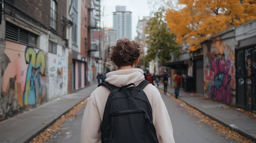Urban Exploration: A young person with backpack walks through a vibrant alley filled with colorful graffiti, offering a glimpse of urban life, with blurred figures in the distance.