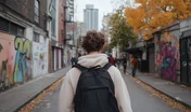 Urban Exploration: A young person with backpack walks through a vibrant alley filled with colorful graffiti, offering a glimpse of urban life, with blurred figures in the distance.