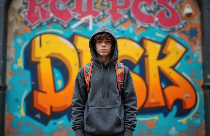 Teen stands before graffiti-painted gateway wearing hoodie, backpack. Urban youth with serious look. Trendy fashion, youth subculture, street style themes. Student on walk. Gray sweatshirt, city
