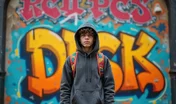 Teen stands before graffiti-painted gateway wearing hoodie, backpack. Urban youth with serious look. Trendy fashion, youth subculture, street style themes. Student on walk. Gray sweatshirt, city