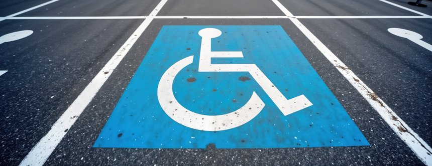 Blue handicap parking sign on asphalt road. Accessibility symbol for people with disabilities. Designated space for vehicles with disabled drivers. Street parking layout, design for better mobility.