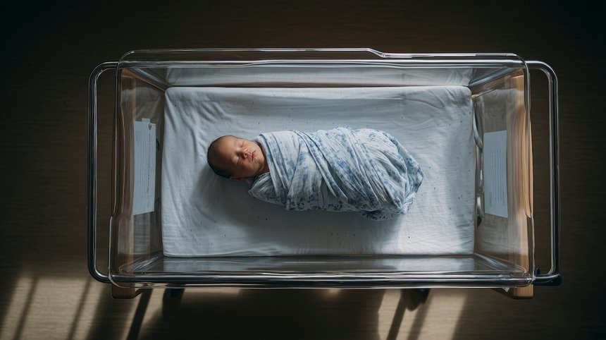 Swaddled Newborn Baby Sleeping in a Hospital Bassinet