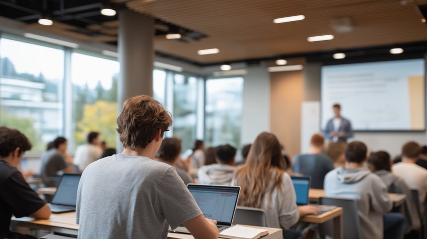 Student classroom scene with diverse learners attentively engaging in lecture, using laptops, with instructor presenting information on screen in modern educational environment