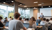 Student classroom scene with diverse learners attentively engaging in lecture, using laptops, with instructor presenting information on screen in modern educational environment