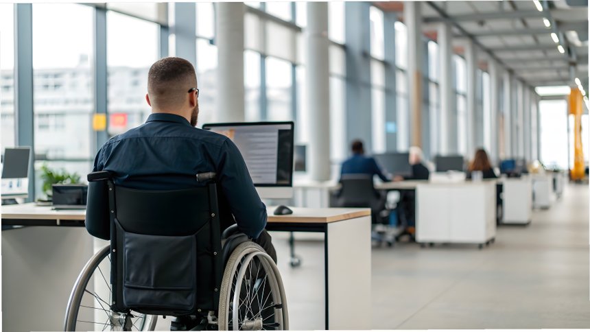 Man with disabilities at work. Guy in wheelchair in office among colleagues. Disability Employment Awareness Month. Employment, inclusion, Disability Rights, Inclusivity concept. World Disability day