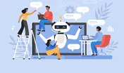 Artificial intelligence chat service business concept. Modern vector illustration of people using AI technology and talking to chatbot on website