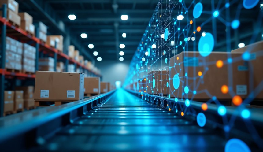 Smart warehouse with artificial intelligence that displays cardboard boxes on an automated conveyor system.