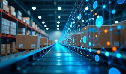 Smart warehouse with artificial intelligence that displays cardboard boxes on an automated conveyor system.