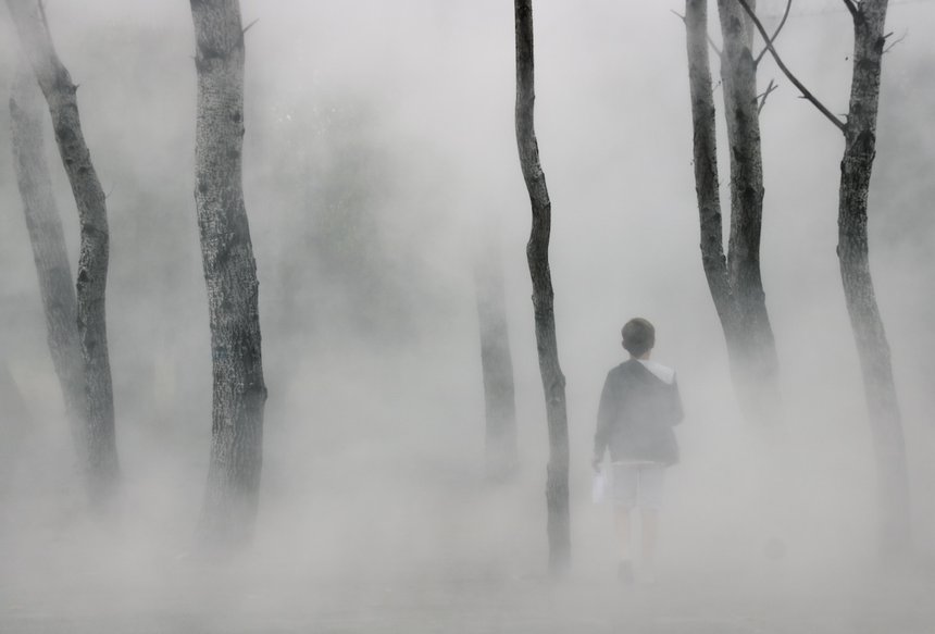 jeune enfant perdu, dÃ©sorientÃ© cherchant son chemin dans la brume
