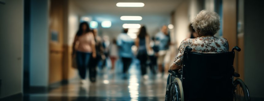 Elderly woman in wheelchair observing busy hospital corridor