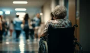 Elderly woman in wheelchair observing busy hospital corridor