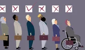 Line of diverse candidates for a job with a check boxes above their heads as a metaphor for  a discrimination during an employment interview, EPS 8 vector illustration