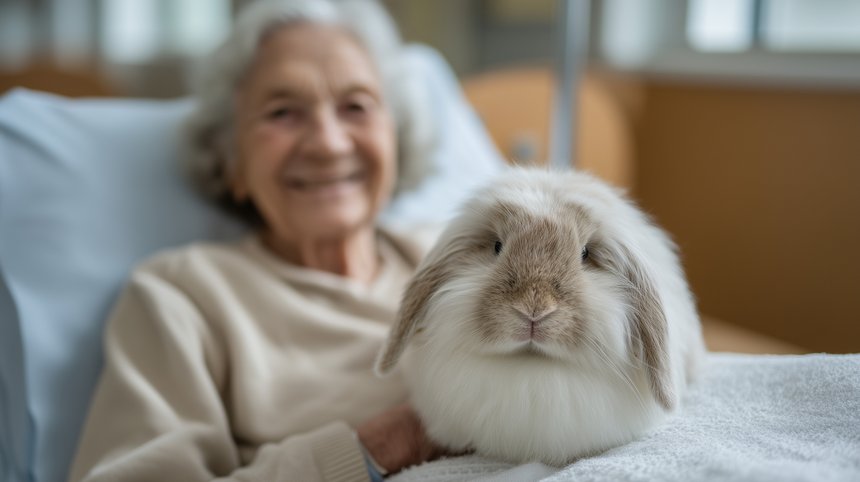 Pet therapy volunteer carrying a fluffy rabbit into a hospital room where an elderly woman lies in bed smiling, animal assisted therapy aging, pet ownership hospital benefit senior woman, emotional